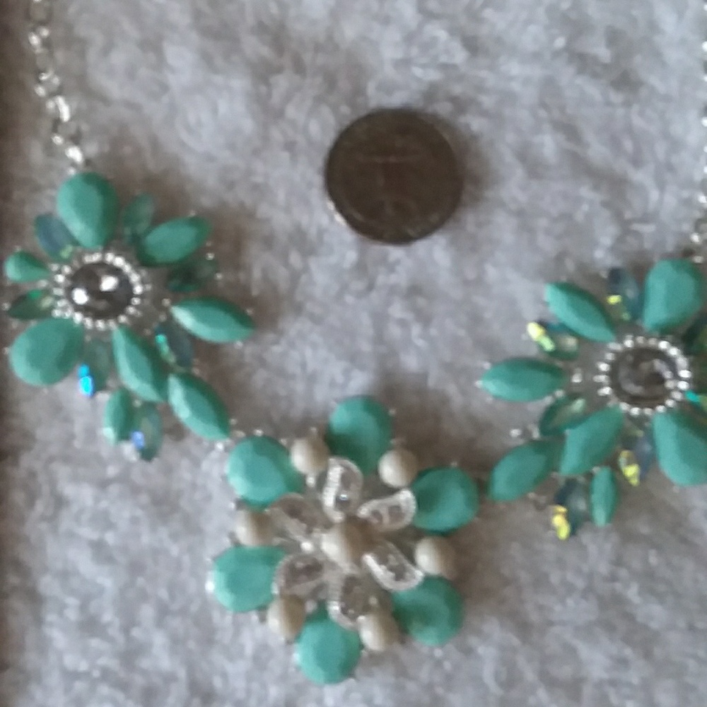Statement Mint Green Flower Necklace Silvertone